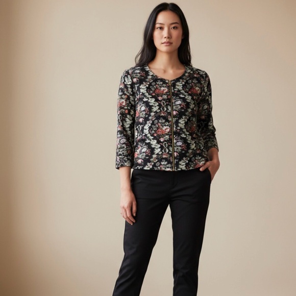 Philosophy Black Floral Blazer size S 3/4 sleeves NWOT zip front jacket - Picture 4 of 9